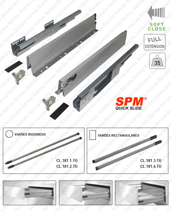 Sistema de laterais com corredi�as Soft-Close para gavetas e gavet�es / Extra��o total / 35kg